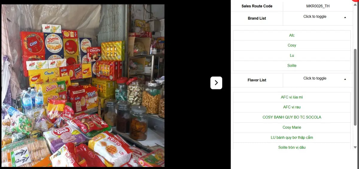 Pequena loja analisada, com as marcas e sabores detectados listados